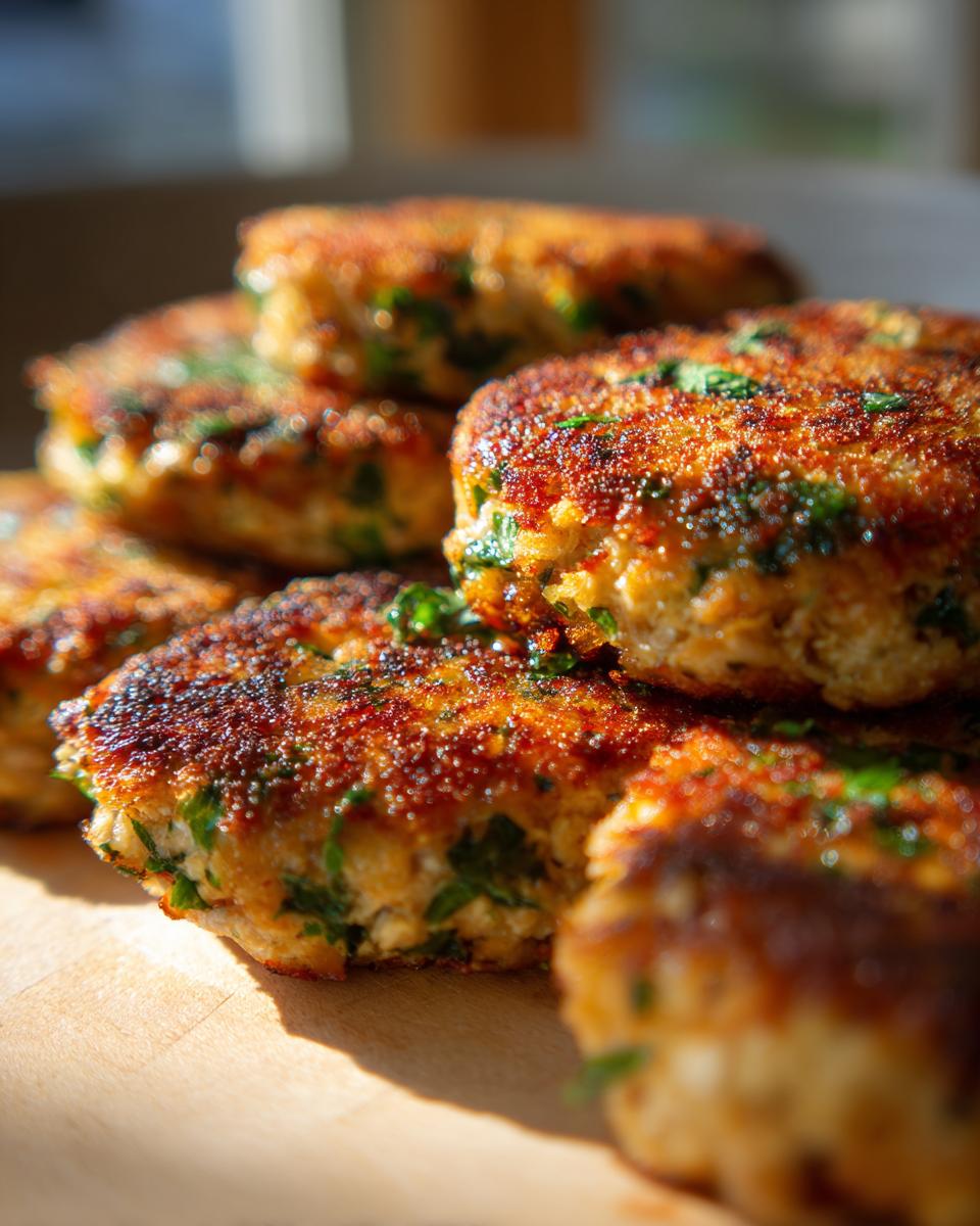Close-up of a stack of golden brown tuna patties, sprinkled with fresh parsley.