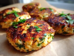 Close-up of perfectly cooked, golden brown tuna patties, garnished with fresh parsley.