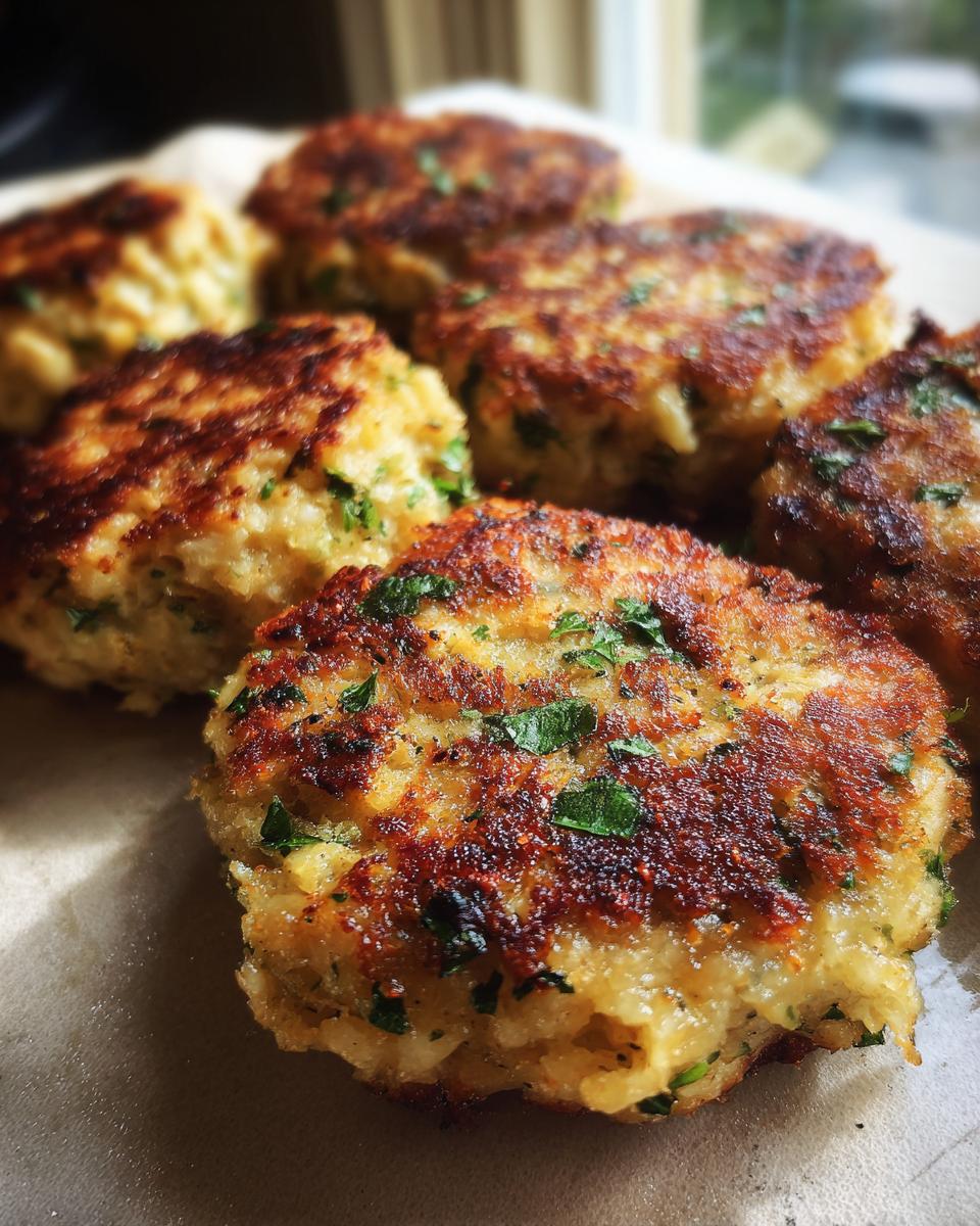 Close-up of several golden brown tuna patties, sprinkled with fresh parsley, ready to be served.