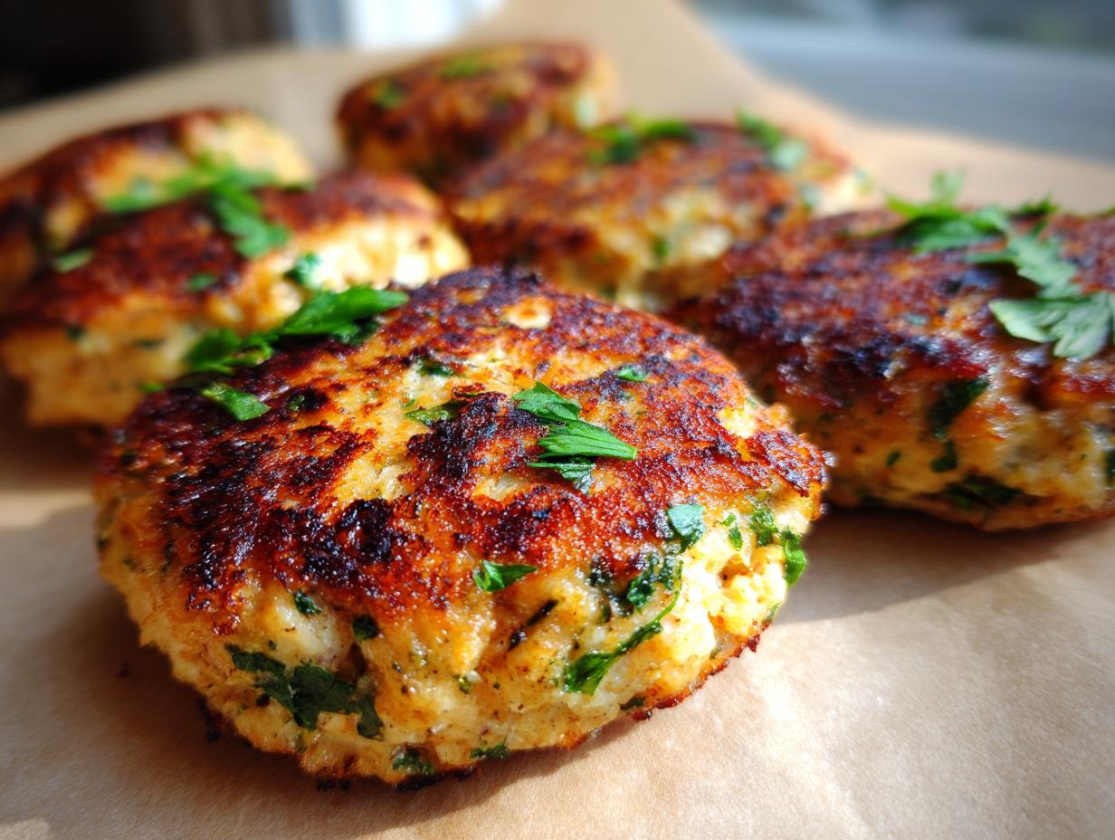 Close-up of perfectly cooked, golden brown tuna patties, garnished with fresh parsley.