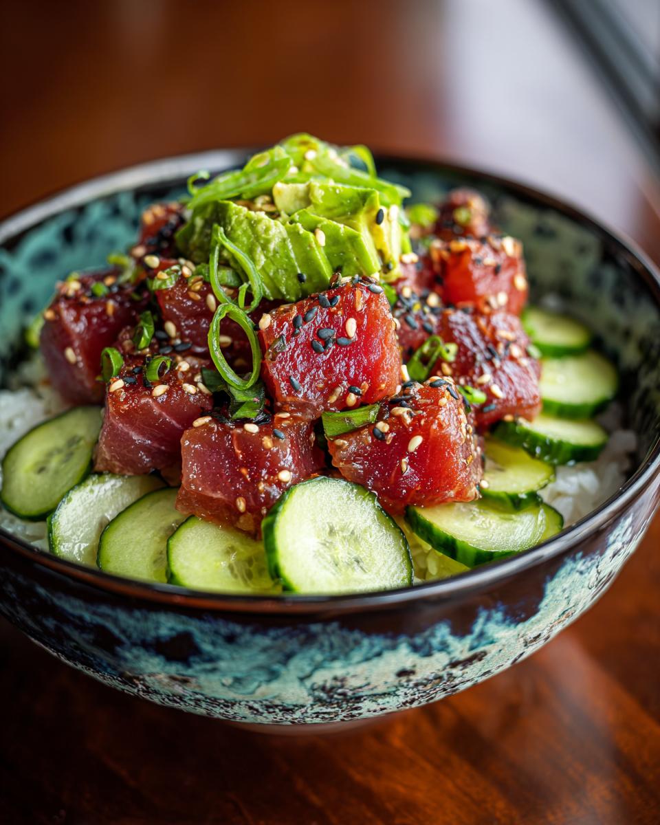 A vibrant Tuna Poke Bowl filled with marinated tuna cubes, creamy avocado, sliced cucumber, and sesame seeds on a bed of rice.
