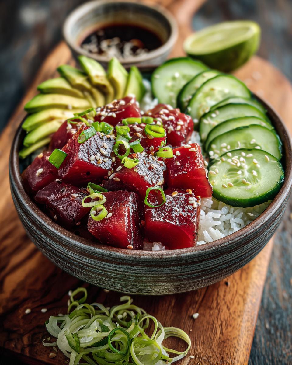 A vibrant Tuna Poke Bowl served over rice, topped with fresh tuna cubes, avocado, cucumber, and green onions.