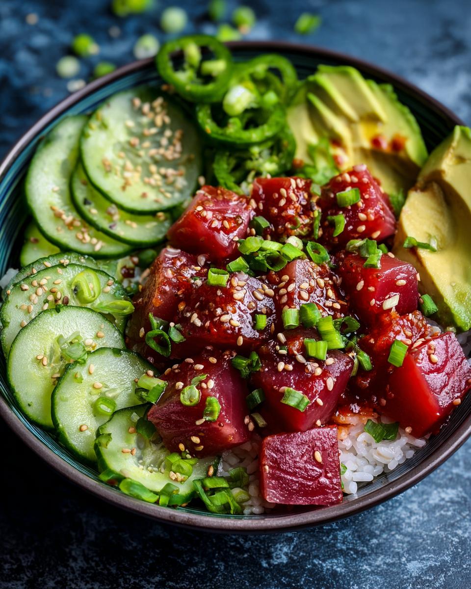 A vibrant Tuna Poke Bowl filled with marinated tuna, rice, avocado, cucumber, jalapeños, and sesame seeds.
