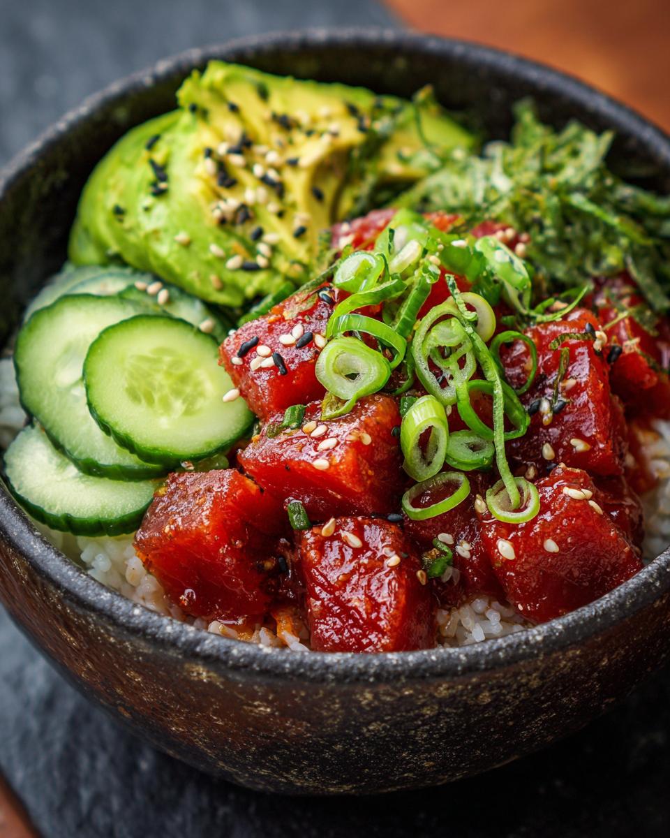 A close-up of a vibrant Tuna Poke Bowl featuring marinated tuna cubes, sliced avocado, cucumber, and sesame seeds.
