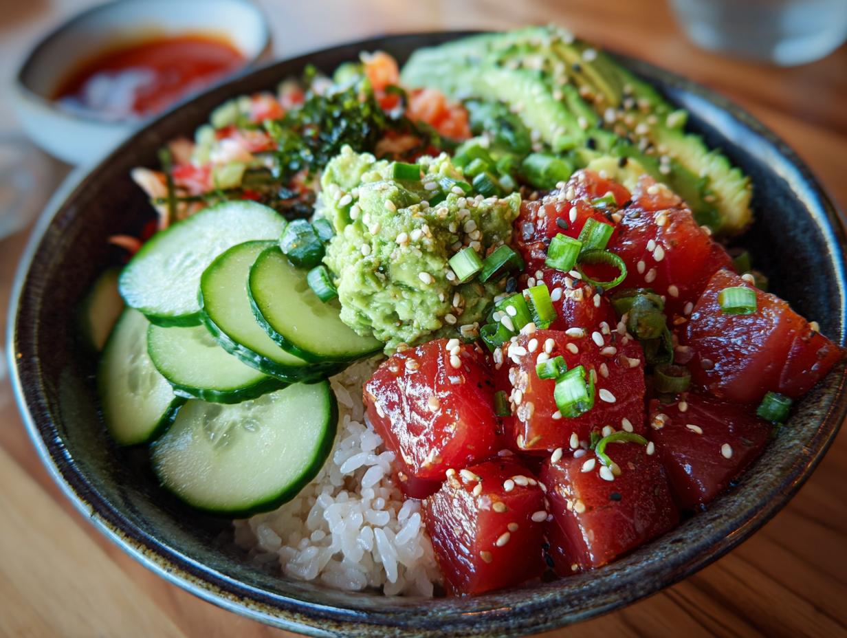 A vibrant Tuna Poke Bowl featuring fresh tuna cubes, avocado, cucumber slices, and rice, topped with sesame seeds and green onions.