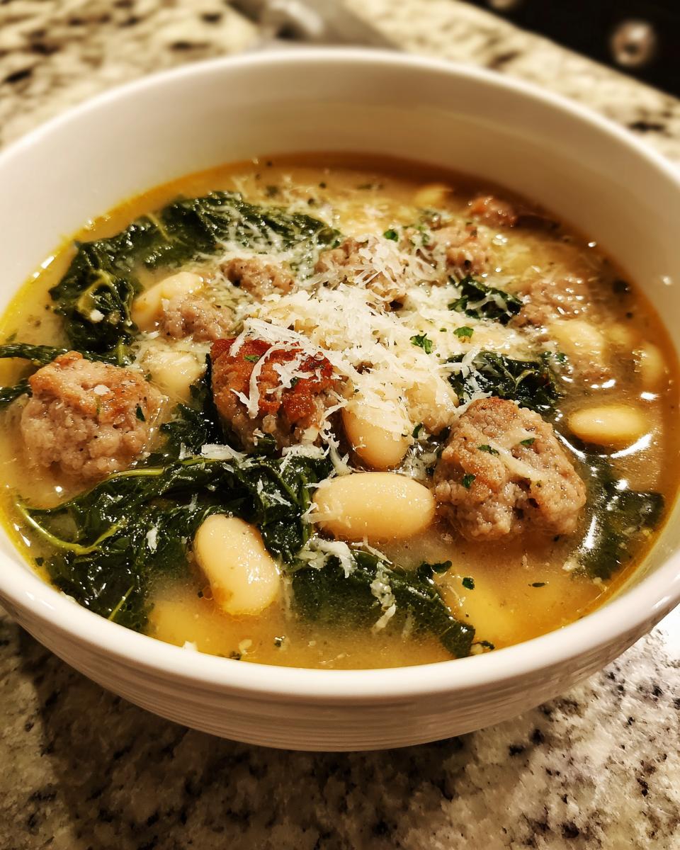 A close-up of a hearty bowl of Tuscan white bean soup with sausage, kale, and grated Parmesan cheese.