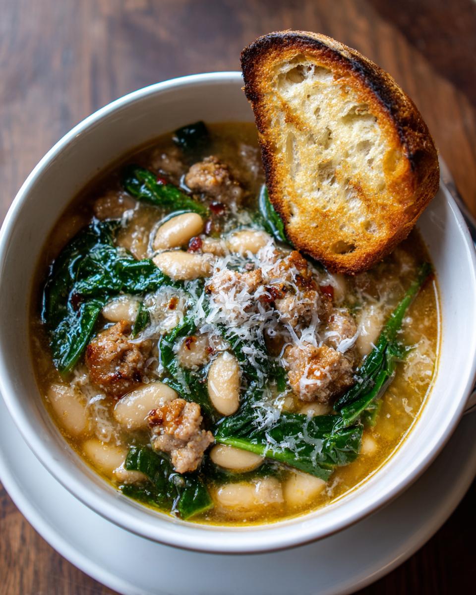 A close-up of a bowl of Tuscan white bean soup with sausage, kale, and a slice of toasted bread, topped with parmesan cheese.