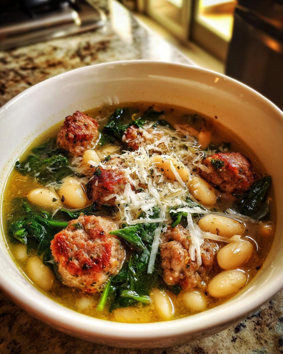 A close-up of a bowl of Tuscan white bean soup with sausage, kale, and grated cheese.