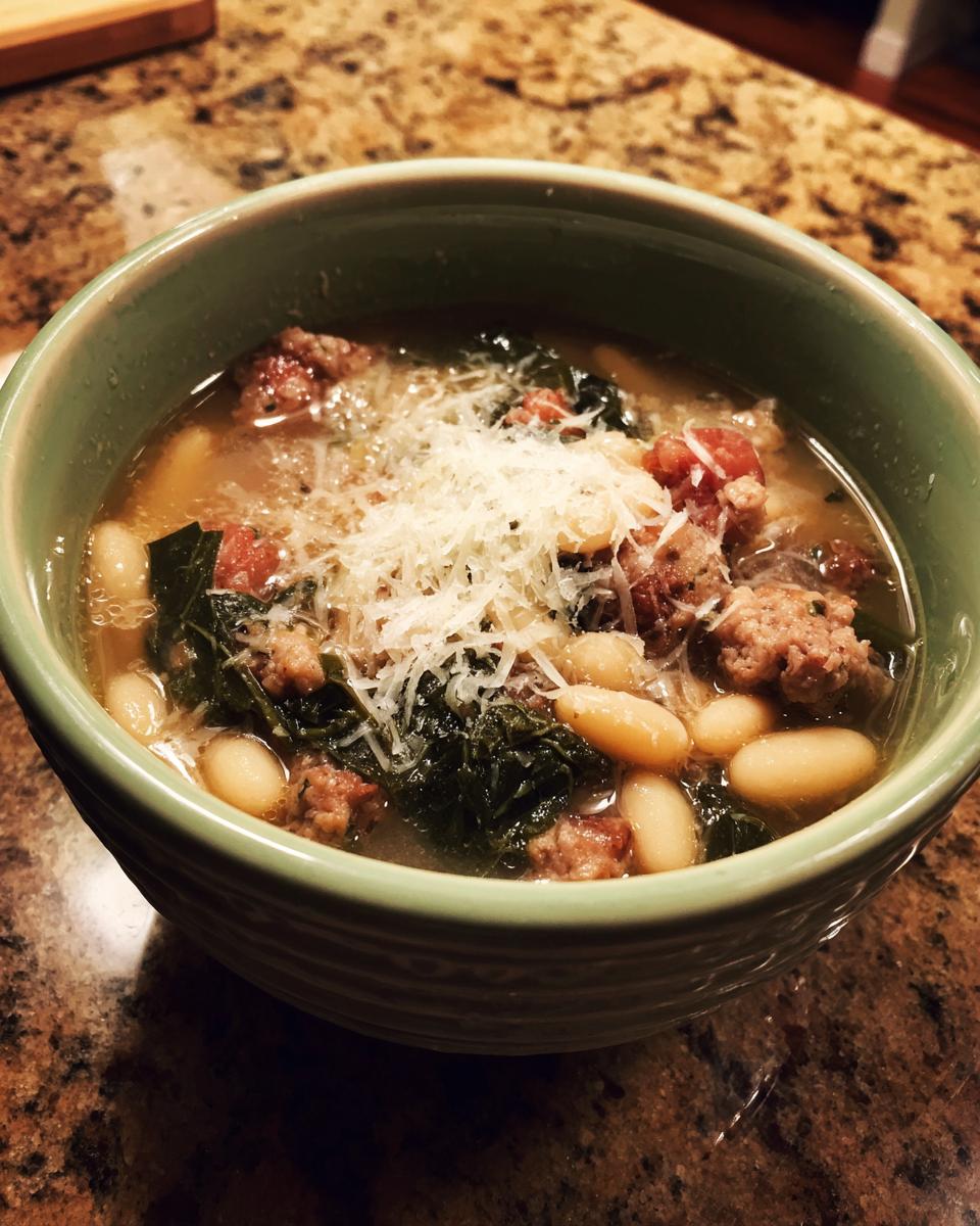 A close-up of a bowl of Tuscan white bean soup with sausage, kale, and topped with grated cheese.
