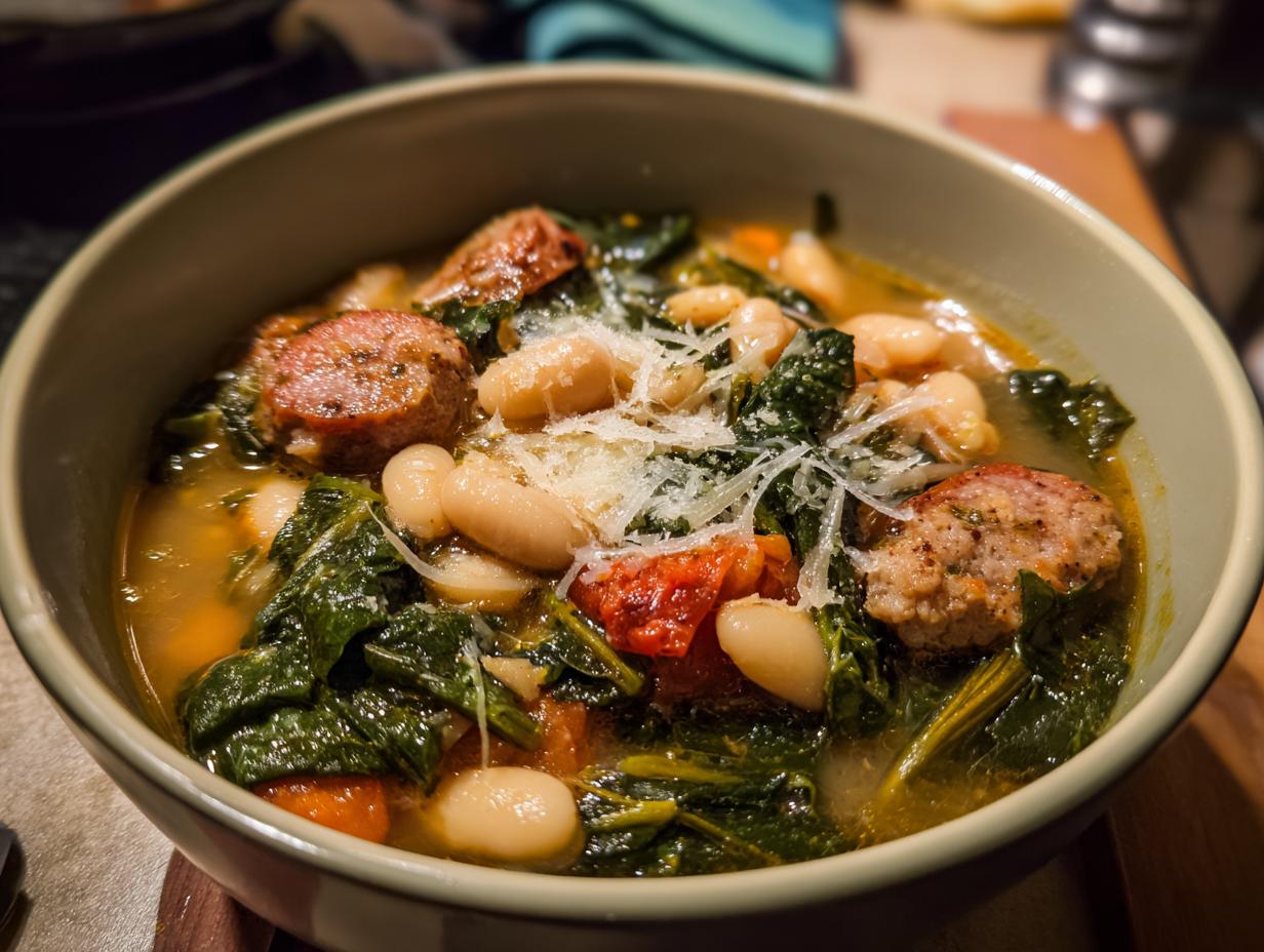 A hearty bowl of Tuscan white bean soup with sausage, kale, and grated Parmesan cheese.