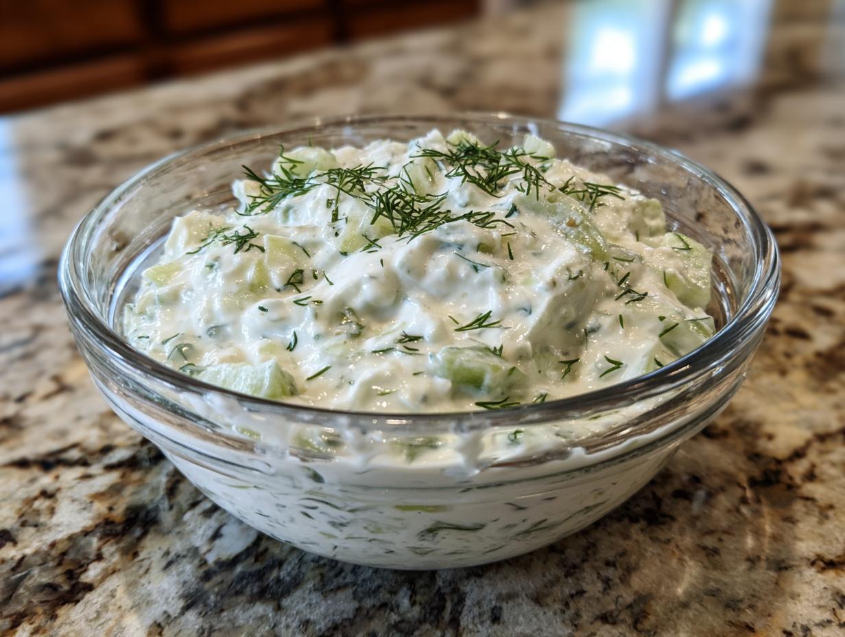 A close-up of a glass bowl filled with creamy Tzatziki sauce, featuring chopped cucumbers and fresh dill.