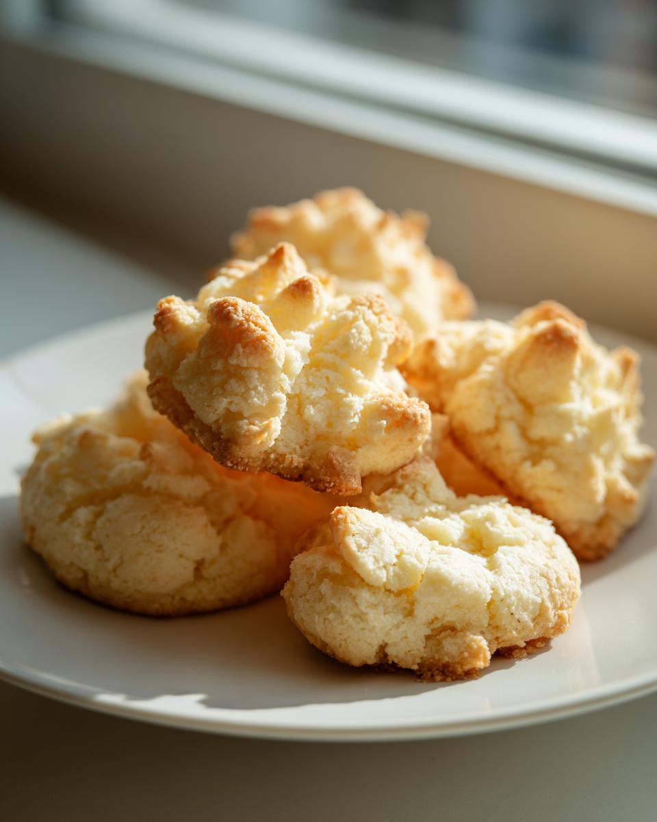 A close-up of a pile of golden-brown whipped shortbread cookies on a white plate, bathed in natural light.