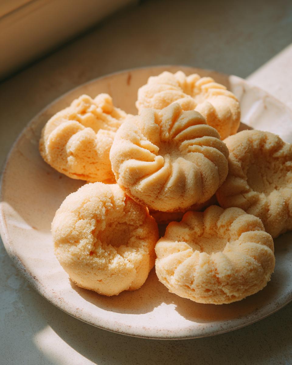 A close-up of a pile of golden whipped shortbread cookies on a light-colored plate, bathed in soft sunlight.