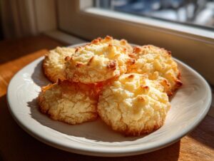 A close-up of golden-brown whipped shortbread cookies piled on a white plate, bathed in sunlight.