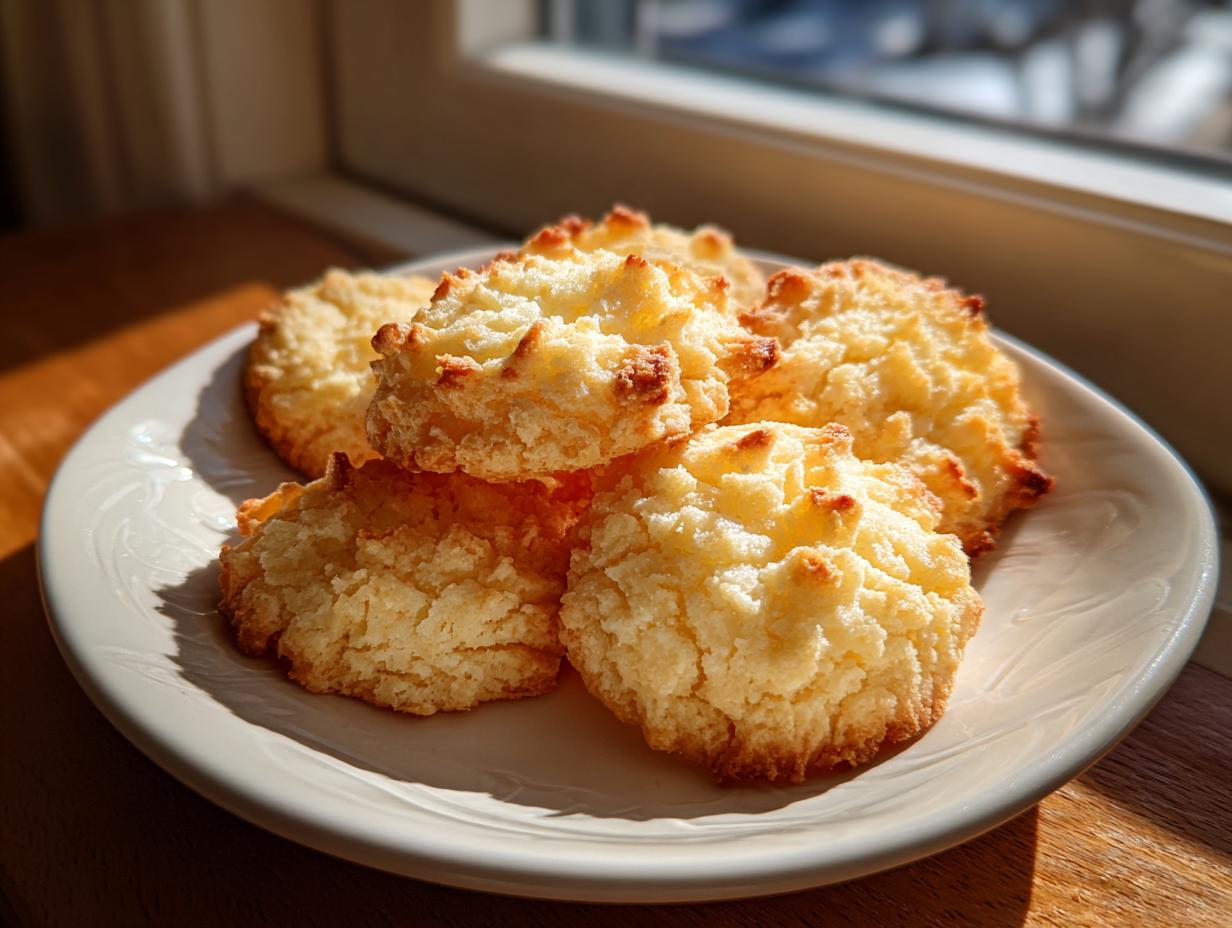 A close-up of golden-brown whipped shortbread cookies piled on a white plate, bathed in sunlight.