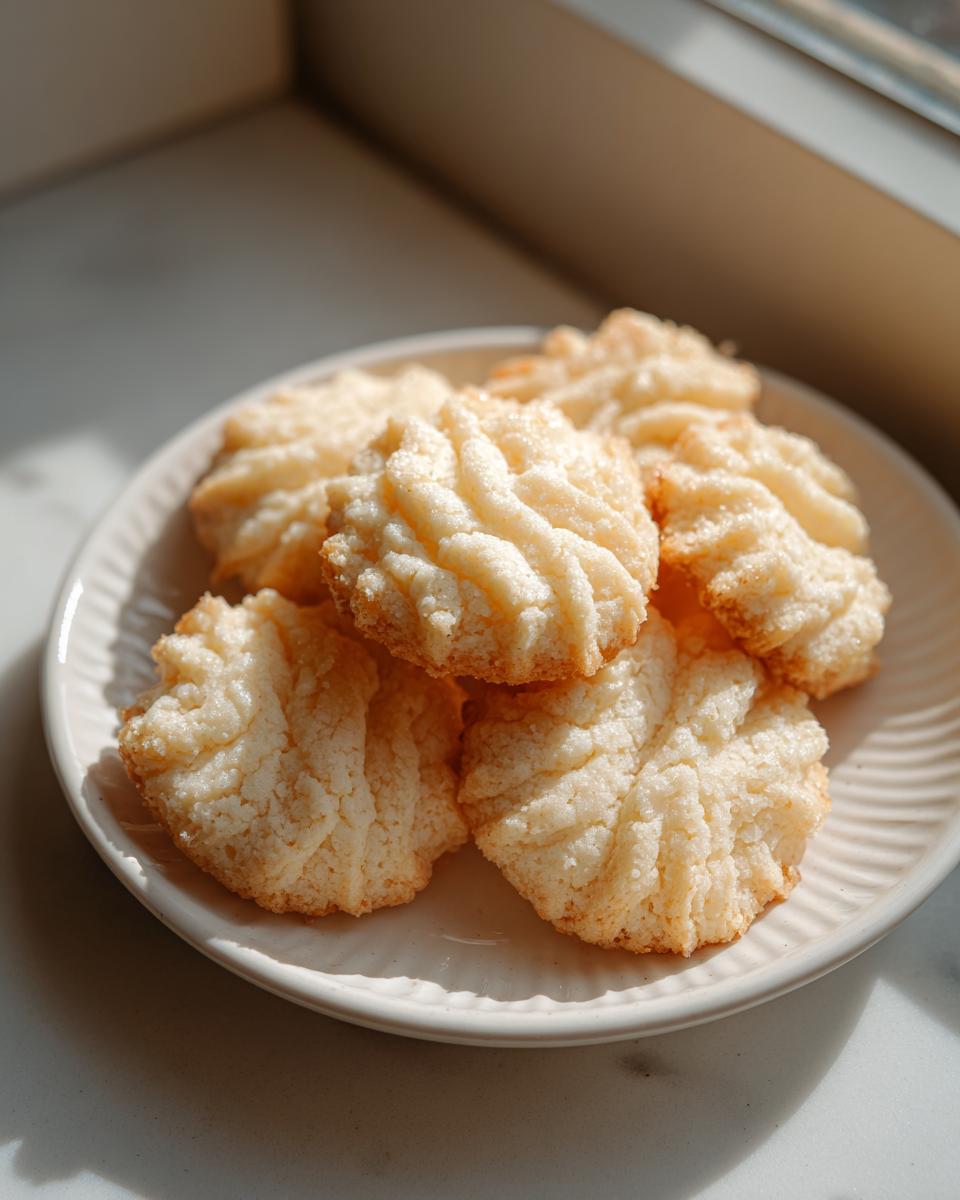 A pile of golden-brown whipped shortbread cookies with a delicate ridged pattern on a white plate.