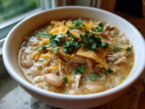 A close-up of a white bowl filled with creamy white chicken chili, topped with shredded cheese, tortilla chips, and fresh cilantro.