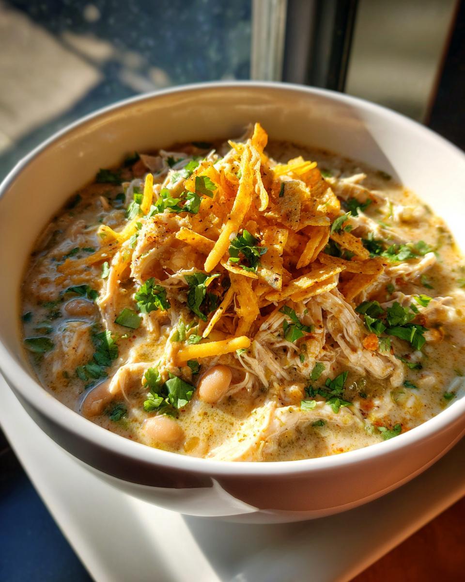 A close-up of a white bowl filled with creamy white chicken chili, topped with shredded cheese, crispy tortilla strips, and fresh cilantro.