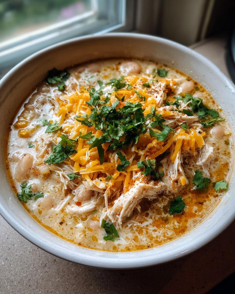 A close-up of a bowl of creamy white chicken chili topped with shredded cheese and fresh cilantro.