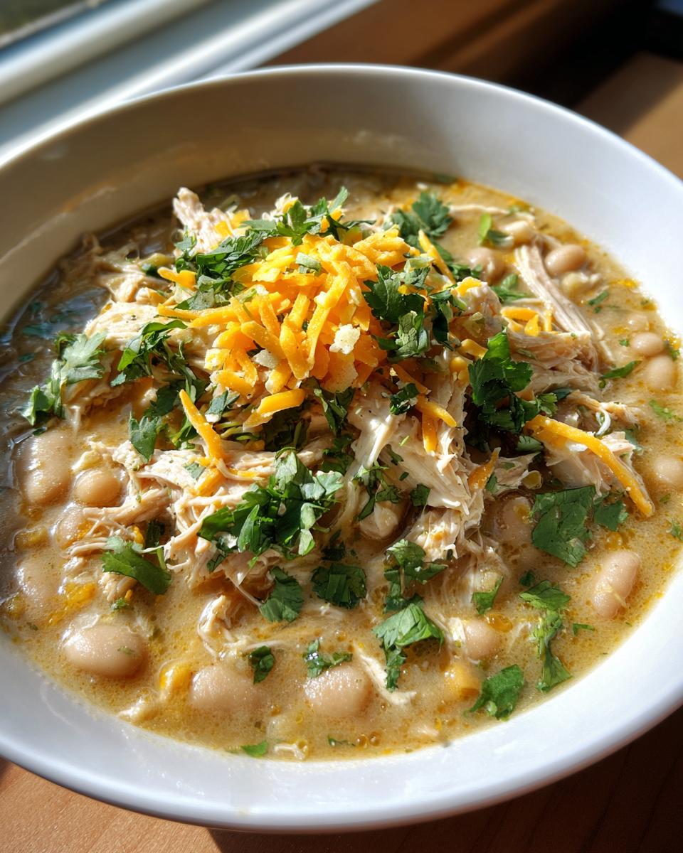 A close-up of a hearty bowl of white chicken chili, topped with shredded chicken, cheese, and cilantro.