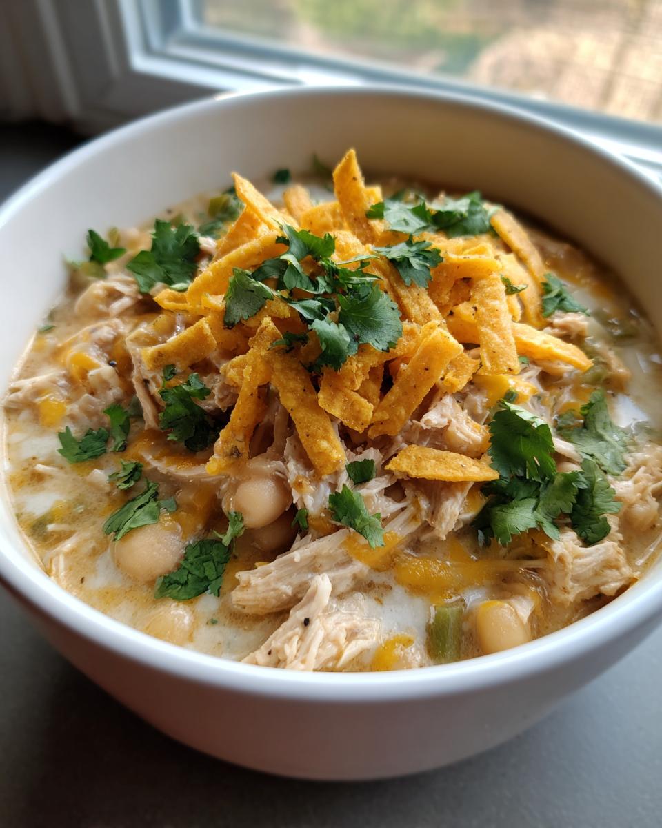 A close-up of a white bowl filled with hearty white chicken chili, topped with tortilla strips, shredded cheese, and fresh cilantro.