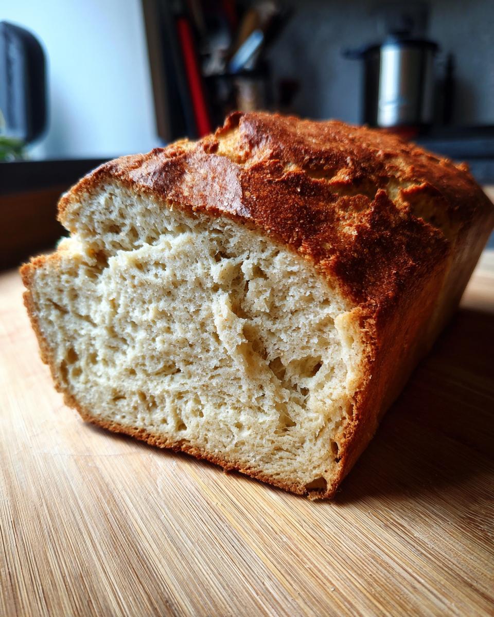 A close-up of a freshly baked loaf of zero carb yogurt bread, sliced to reveal its fluffy interior and golden-brown crust.