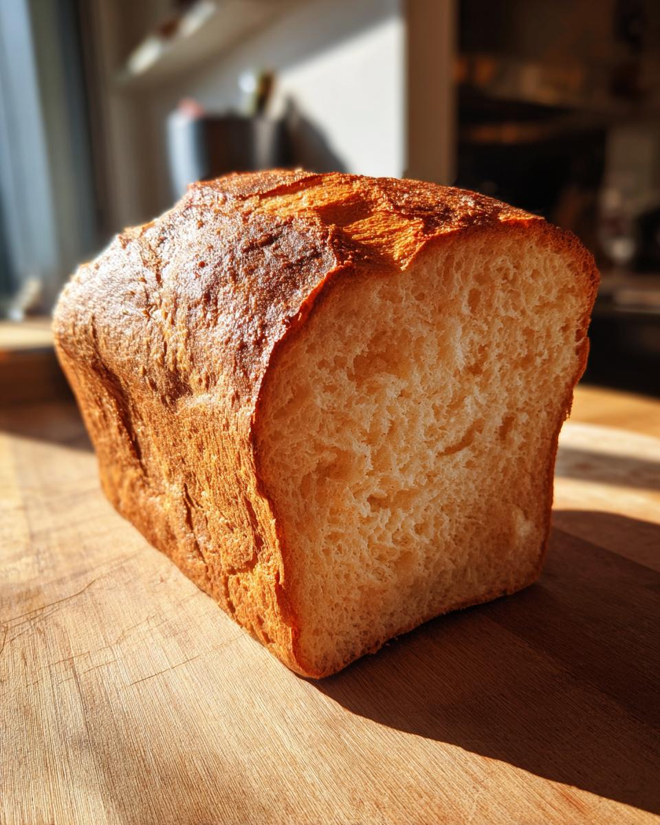 A golden-brown, freshly baked loaf of zero carb yogurt bread, sliced to reveal its airy crumb.