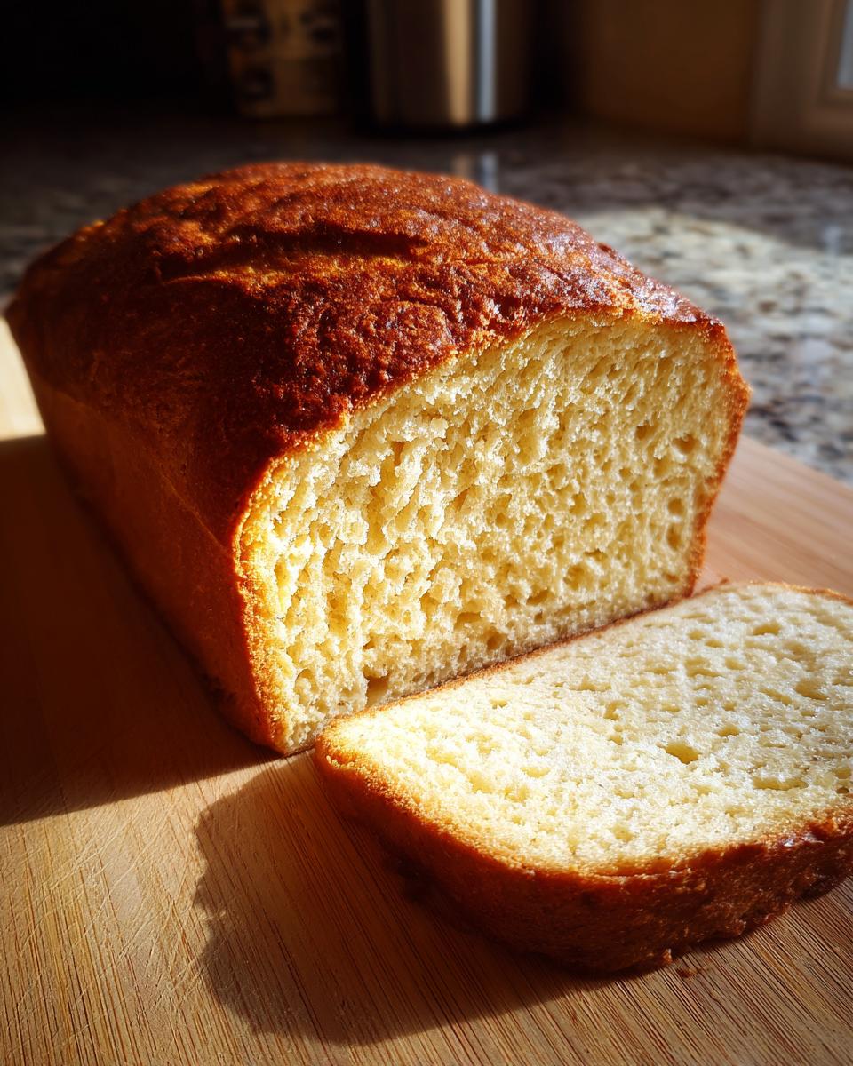 A freshly baked loaf of zero carb yogurt bread with a golden crust, one slice cut.