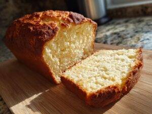 A slice of golden-brown zero carb yogurt bread on a wooden cutting board, showcasing its fluffy interior.