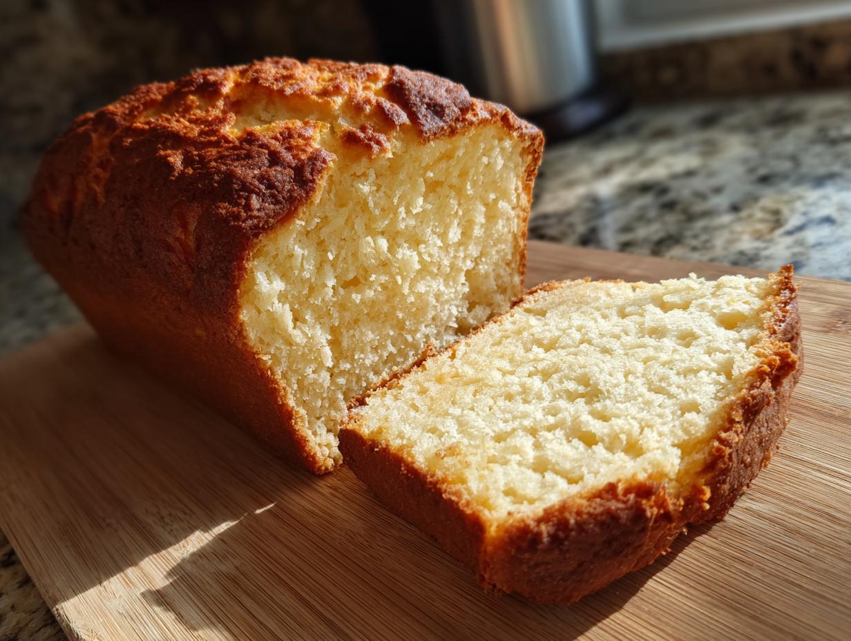 A slice of golden-brown zero carb yogurt bread on a wooden cutting board, showcasing its fluffy interior.