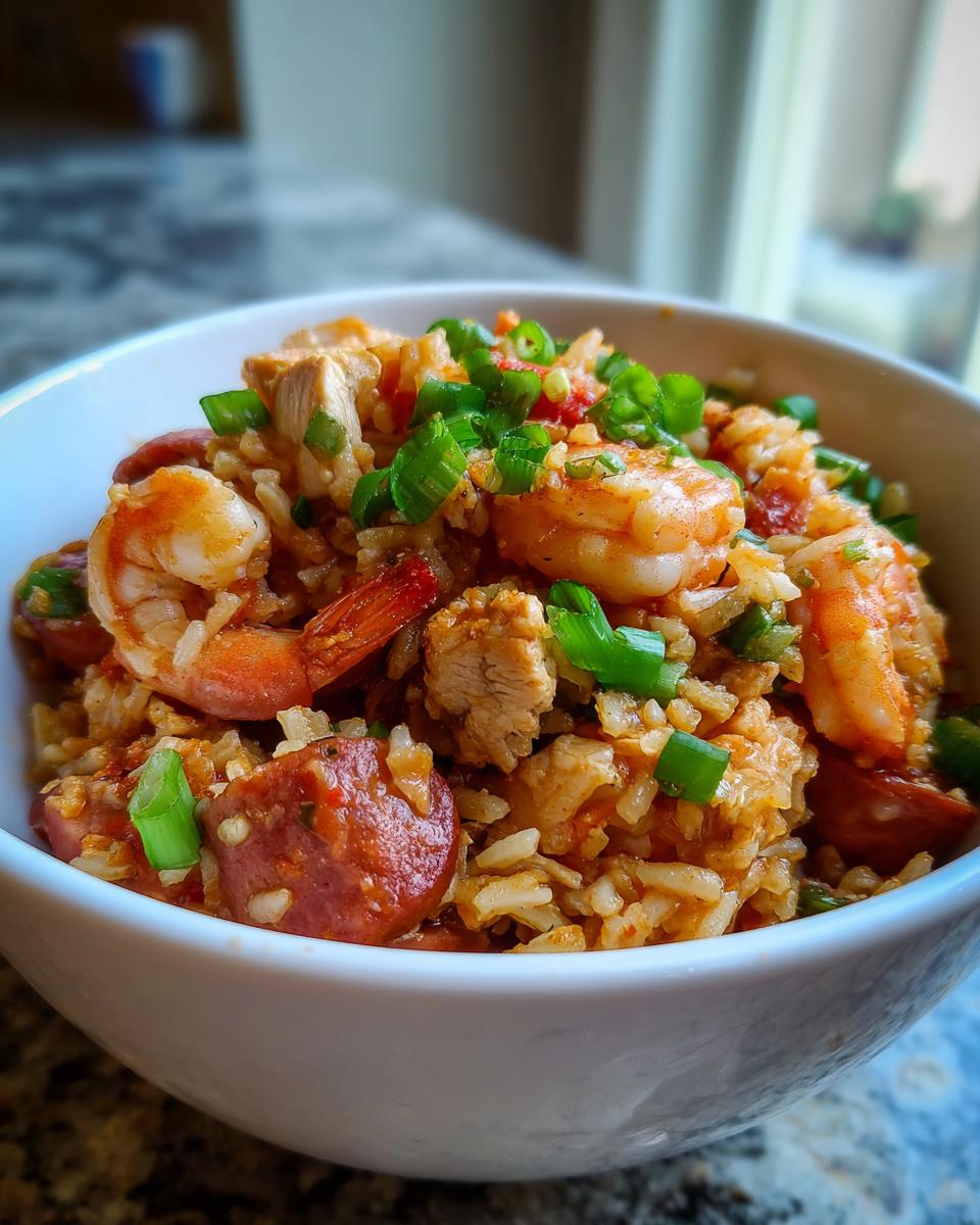 Close-up of a white bowl filled with flavorful jambalaya, featuring shrimp, andouille sausage, chicken, and green onions.