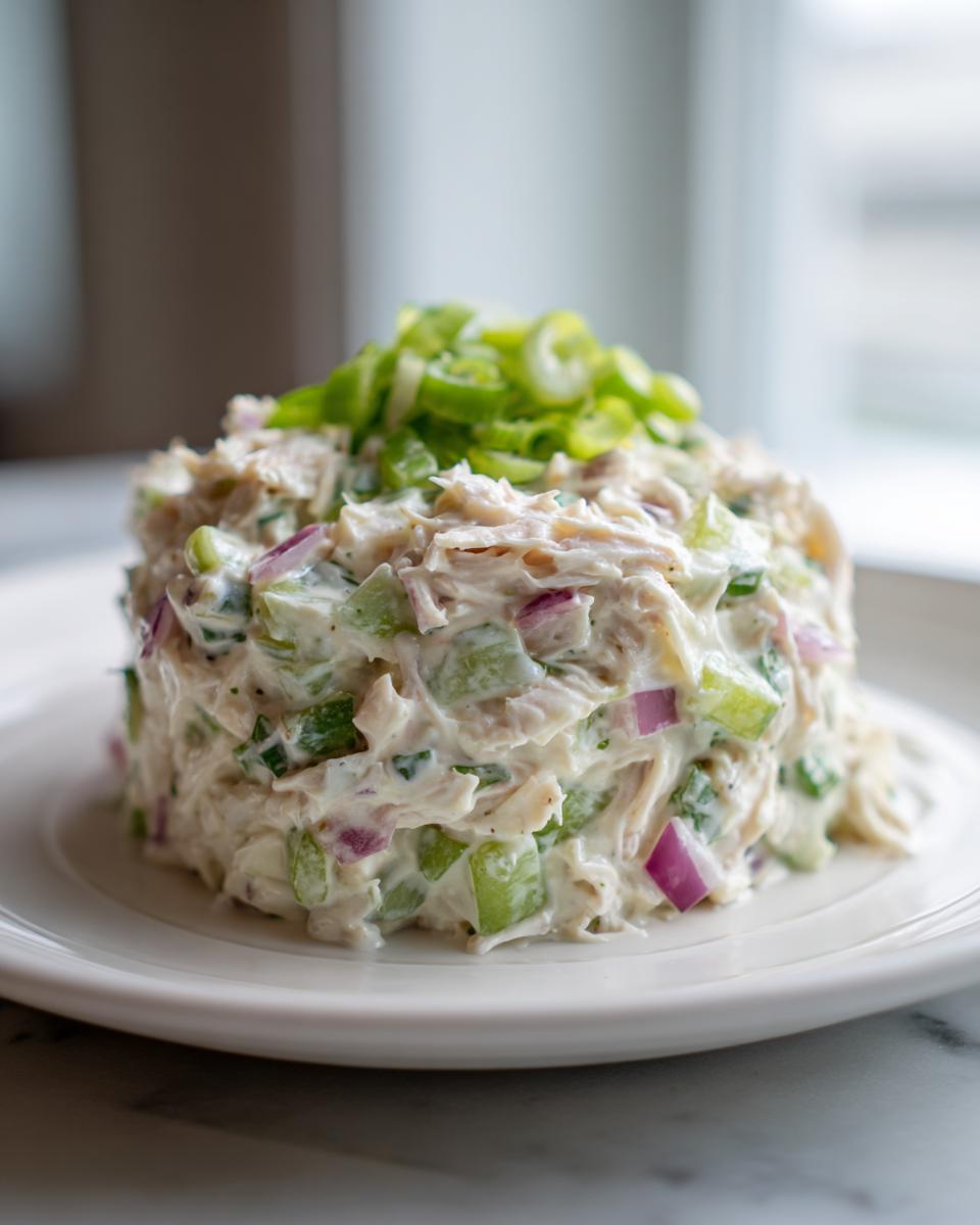 A molded serving of creamy crab salad mixed with celery and red onion, topped with sliced green onions.