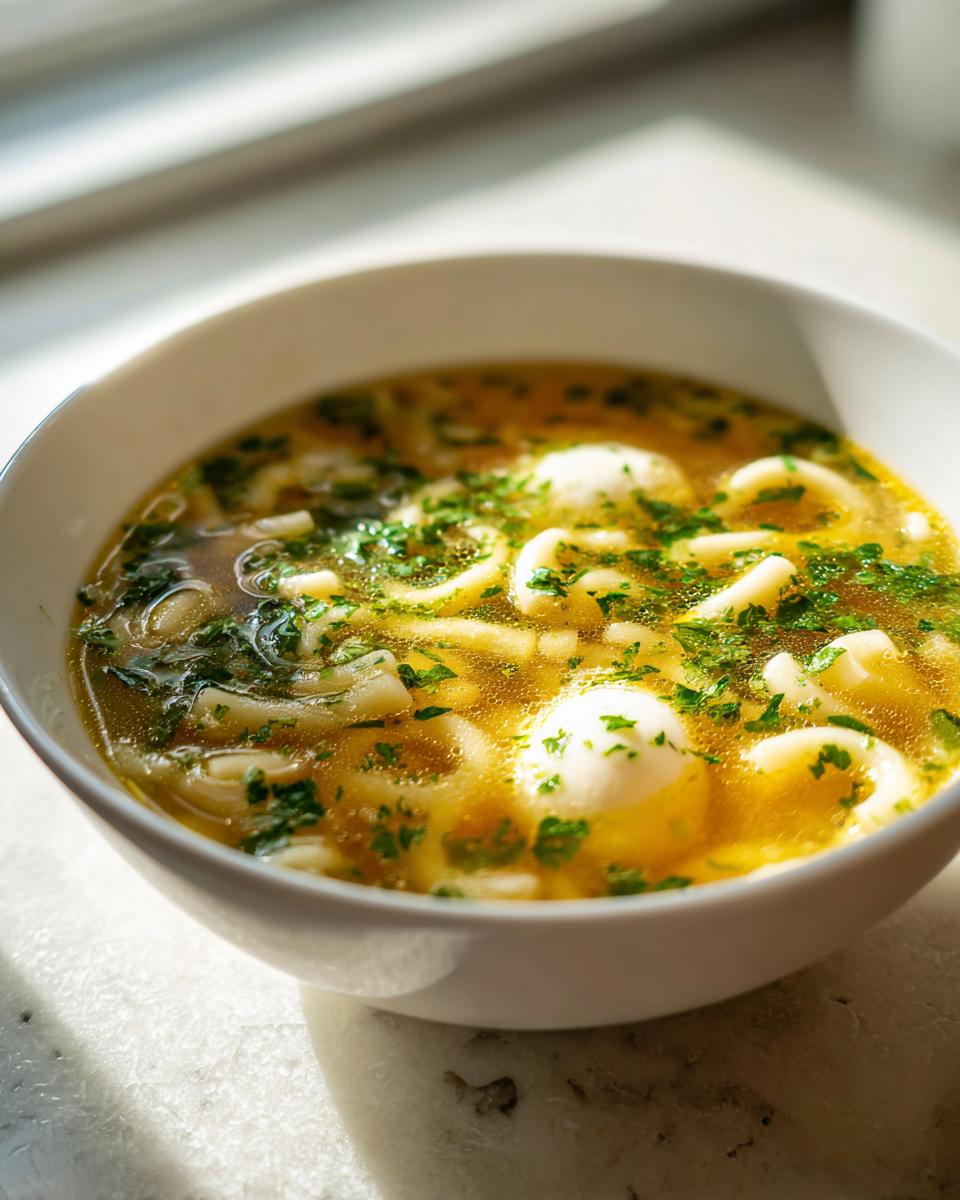 Close-up of a white bowl filled with hot pastina soup, featuring small pasta shapes, broth, and parsley garnish.