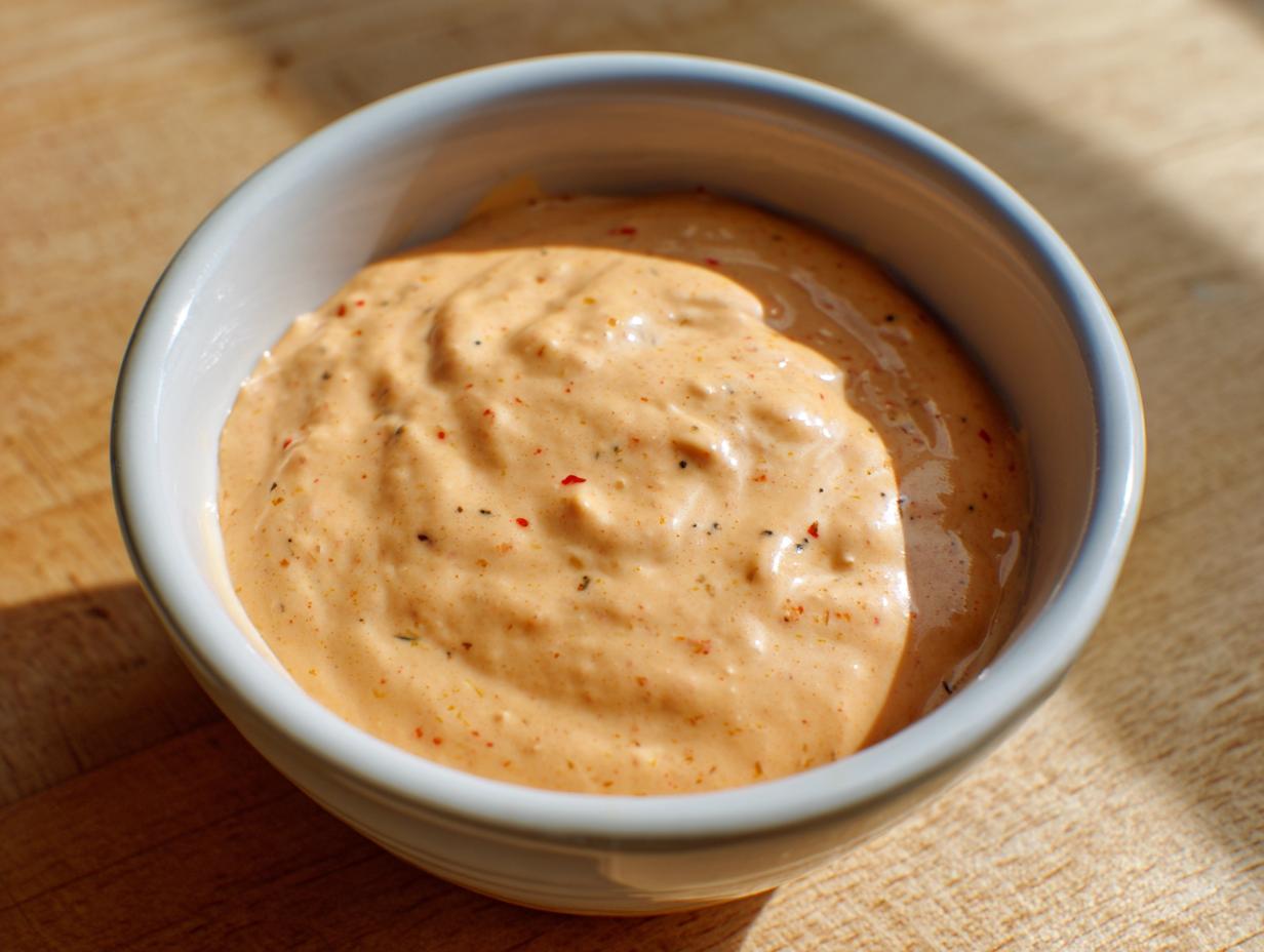 Close-up of creamy, orange-hued homemade Big Mac Sauce speckled with spices in a small white bowl.