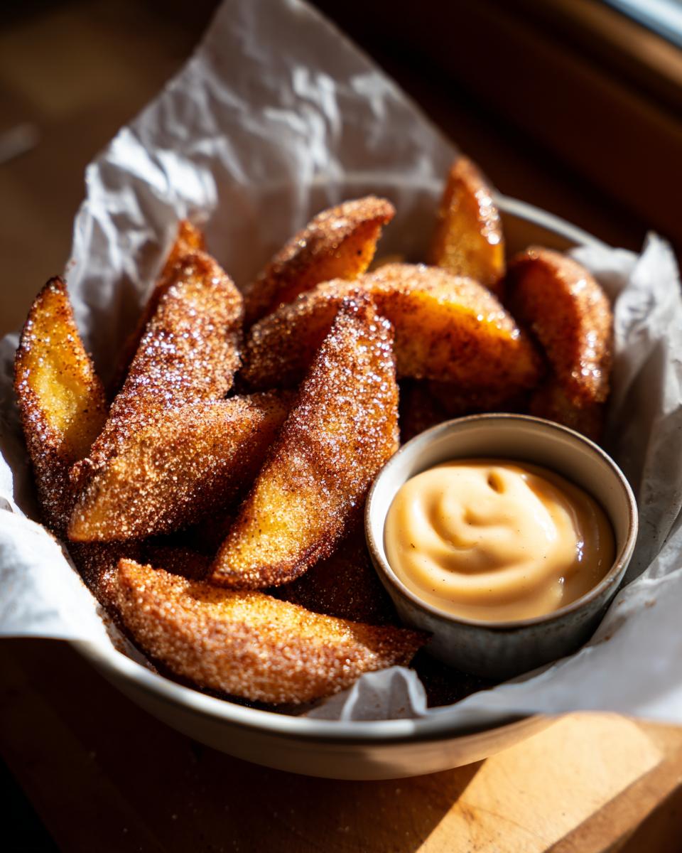 A bowl of golden brown air fryer apple wedges coated in cinnamon sugar, served with a creamy caramel dip.