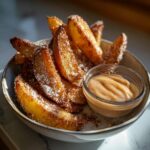 A bowl of golden-brown air fryer apple wedges coated in cinnamon sugar, served with a side of caramel dipping sauce.