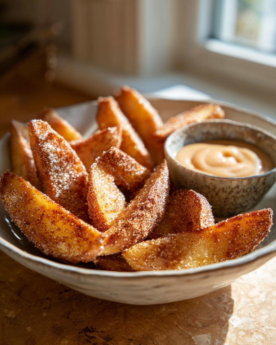 A bowl of golden brown air fryer apple wedges coated in cinnamon sugar, served with a side of caramel dip.