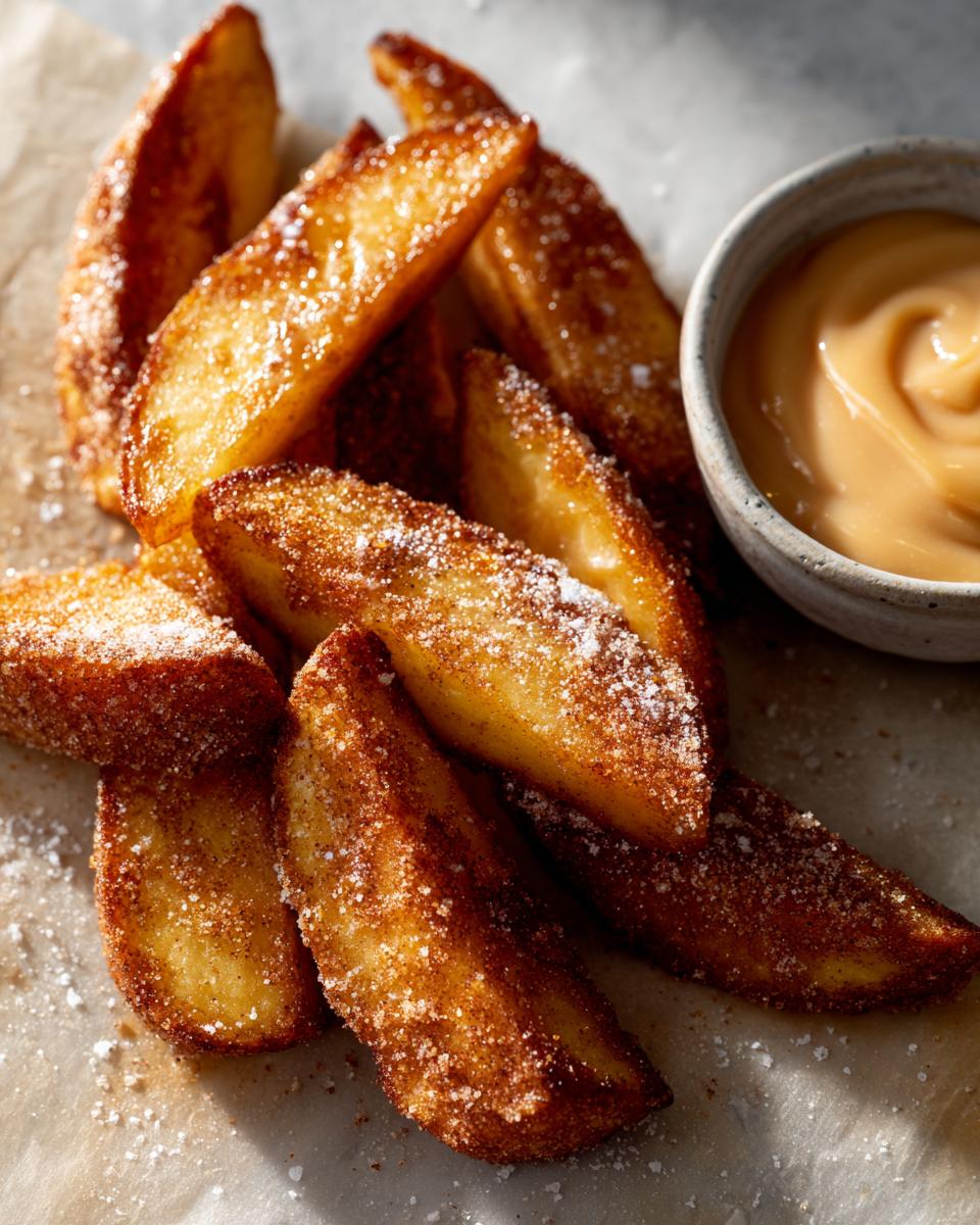 A pile of golden brown air fryer apple wedges dusted with cinnamon sugar, served with a side of caramel dip.
