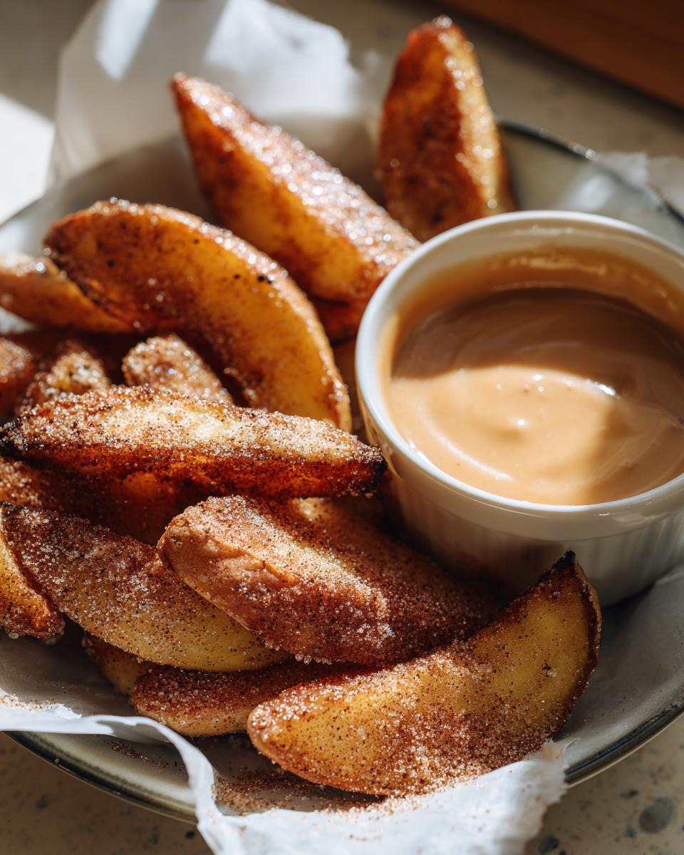 A close-up of golden air fryer apple wedges coated in cinnamon sugar, served with a dipping sauce.