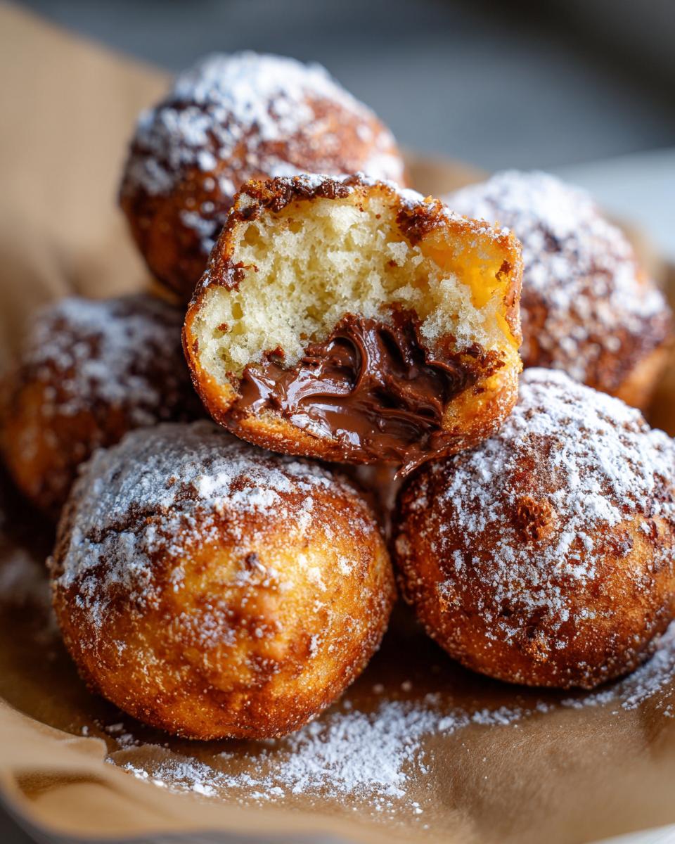 Close-up of Air Fryer Nutella Bombs, one is broken open revealing a gooey Nutella center, dusted with powdered sugar.