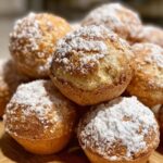 A close-up of golden brown Air Fryer Nutella Bombs dusted with powdered sugar.