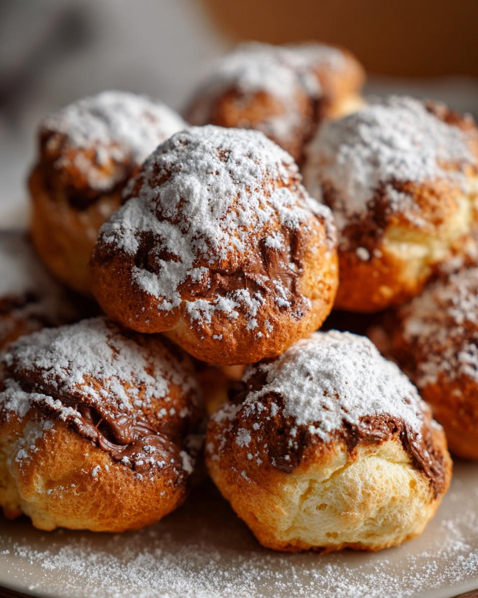 A close-up of a pile of golden-brown Air Fryer Nutella Bombs dusted with powdered sugar.