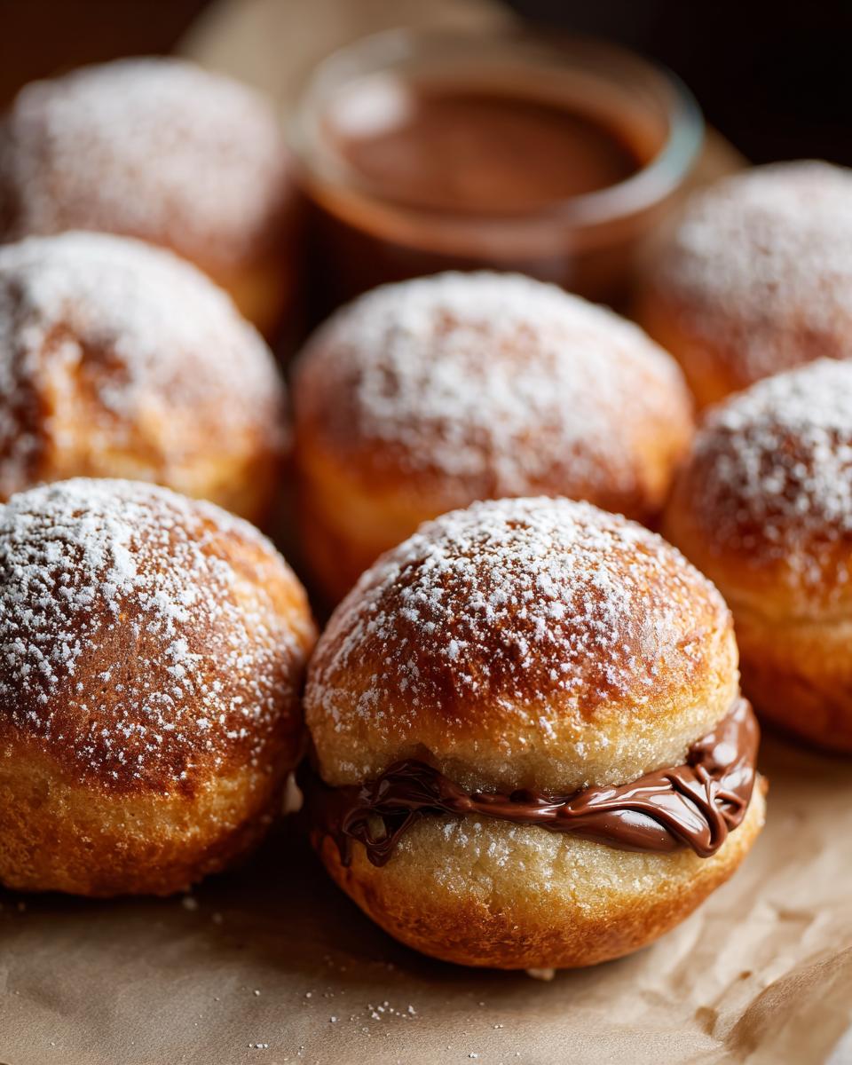 Close-up of Air Fryer Nutella Bombs, dusted with powdered sugar, with one split open showing Nutella filling.