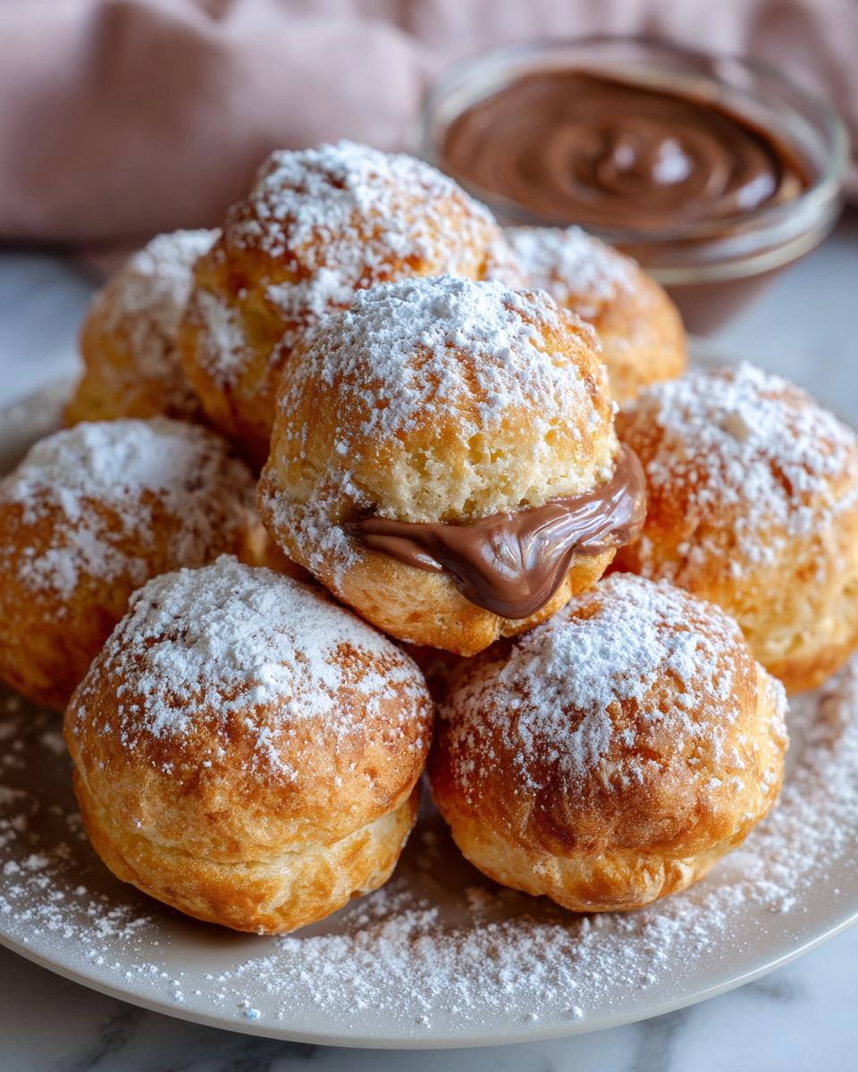 A pile of golden-brown Air Fryer Nutella Bombs dusted with powdered sugar, with one cut open showing melted Nutella.