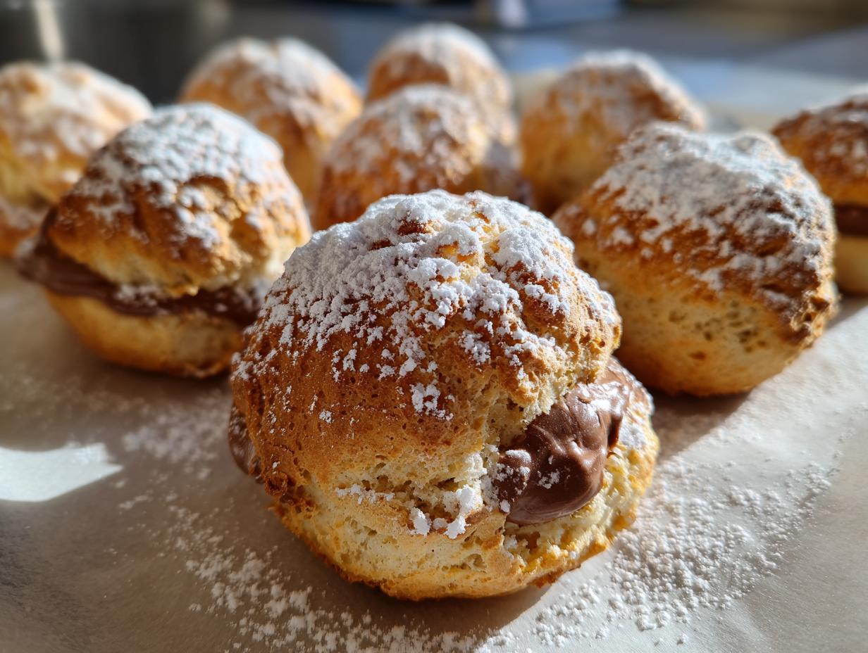 Close-up of golden-brown Air Fryer Nutella Bombs dusted with powdered sugar, showing oozing Nutella filling.
