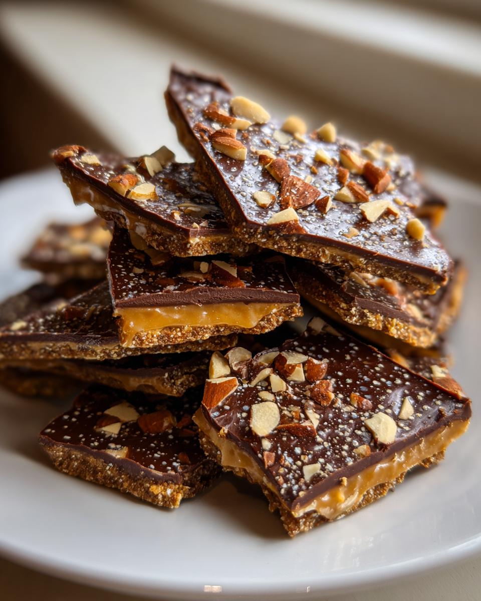 Close-up of stacked pieces of homemade almond toffee recipe, showing the caramel layer and chocolate topping.