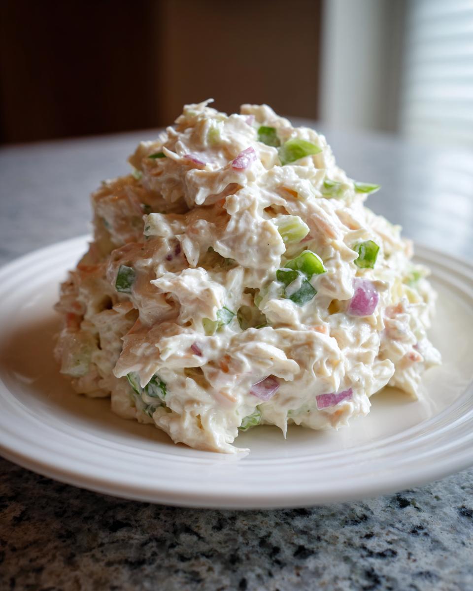 A generous scoop of creamy crab salad featuring shredded crab, celery, and red onion, served on a white plate.
