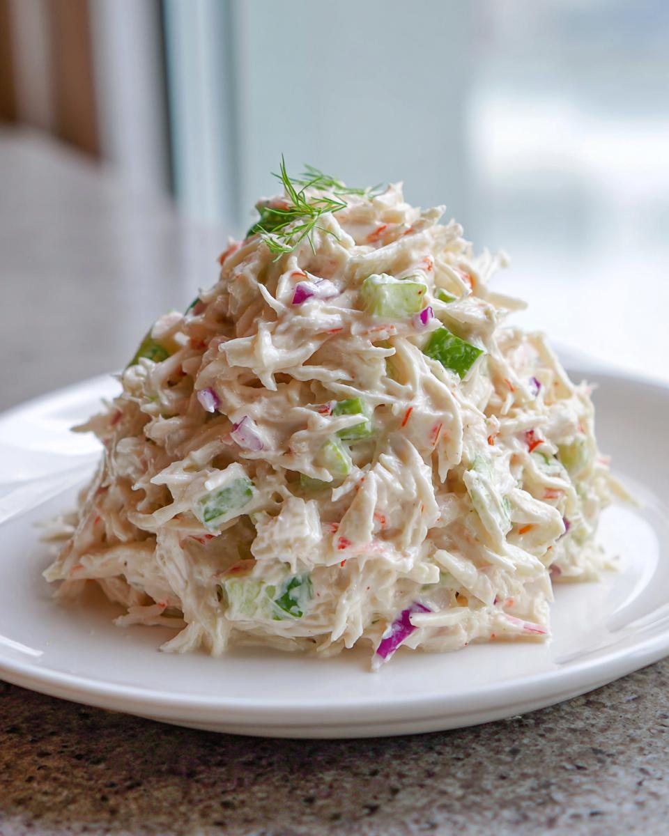 A tall mound of creamy crab salad mixed with celery and red onion, garnished with dill on a white plate.