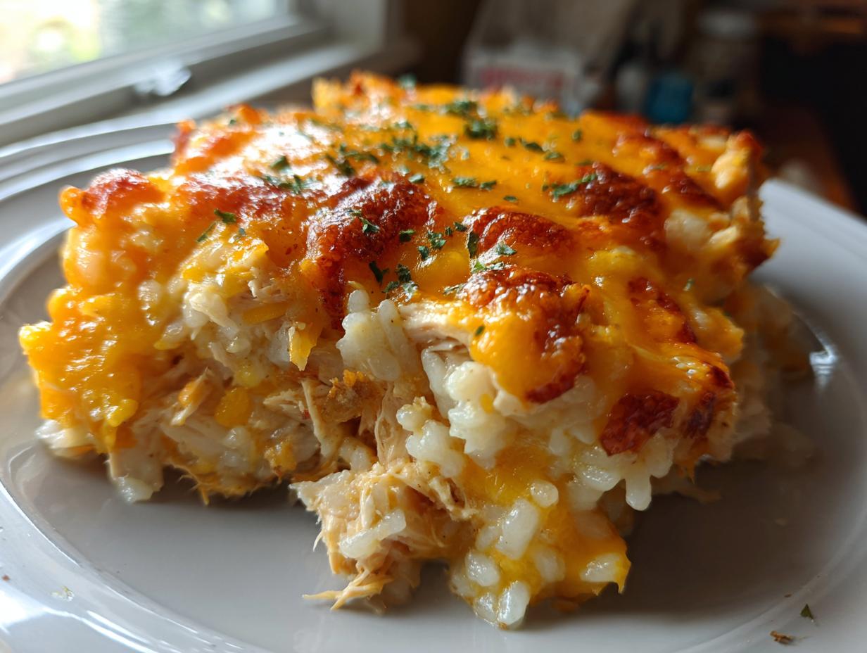 A close-up serving of baked angel chicken rice topped with melted, browned cheddar cheese and parsley.