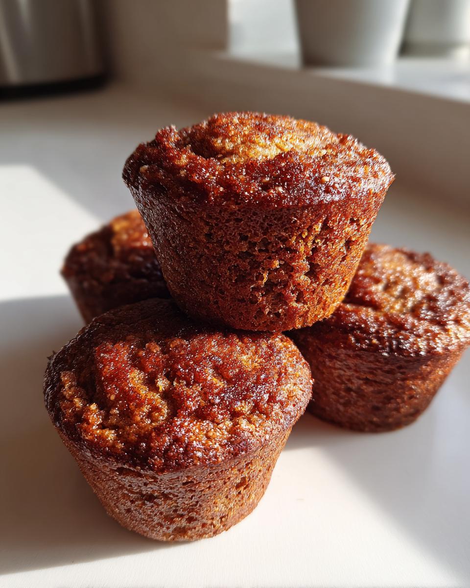 Close-up of three moist, golden-brown bran muffins stacked together in bright sunlight.